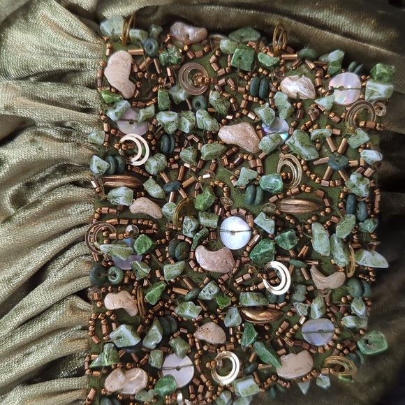 Nirmooha Anthropologie Green Velvet One Shoulder Beaded Dress - Picture 6 of 8